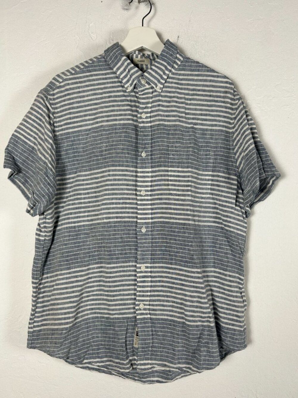 J.Crew Men Irish Linen Blue Striped Short-Sleeve Button-Down Shirt Large Classic